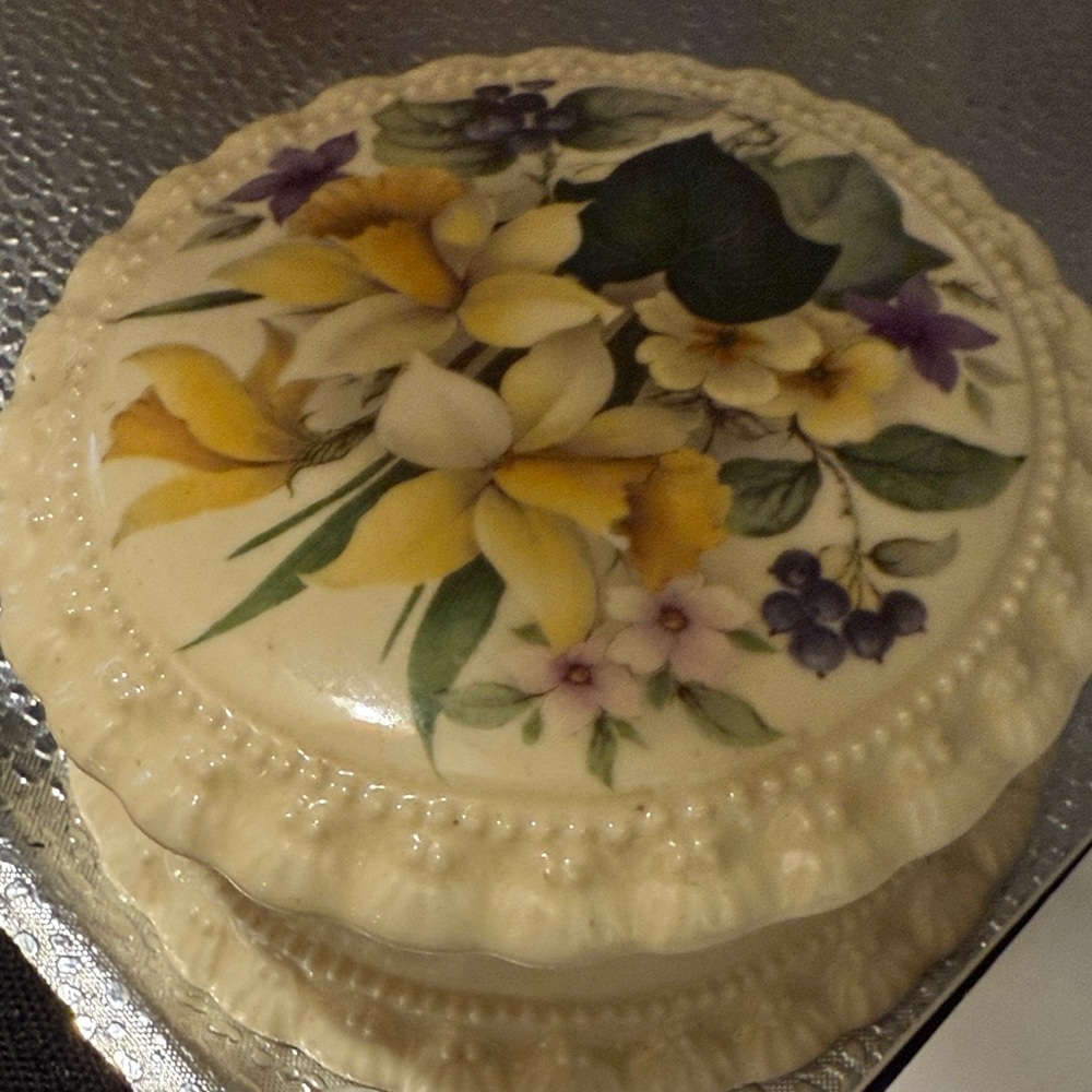 Vintage Round Porcelain Floral Trinket Box with Yellow and Purple Bouquet